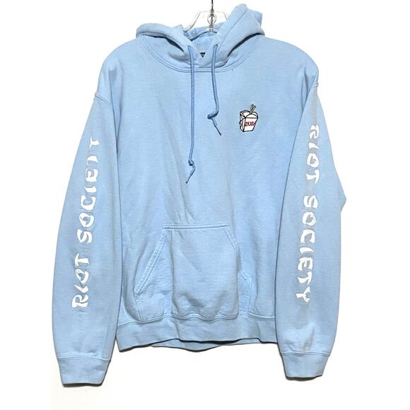 Riot Society Enjoy Chinese Take Out Box Blue Hoodie Sweatshirt Spell Out Mens S - Picture 2 of 6